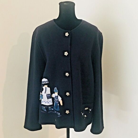 GIESSWEIN Blue Boiled Wool Woman Child Applique Flower Buttons Jacket W's 40 - Picture 2 of 7